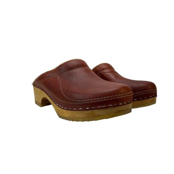 Olaf Daughters Vintage 70s Rusty Brown Leather Swedish Wooden Clogs Size 37 - Picture 3 of 9